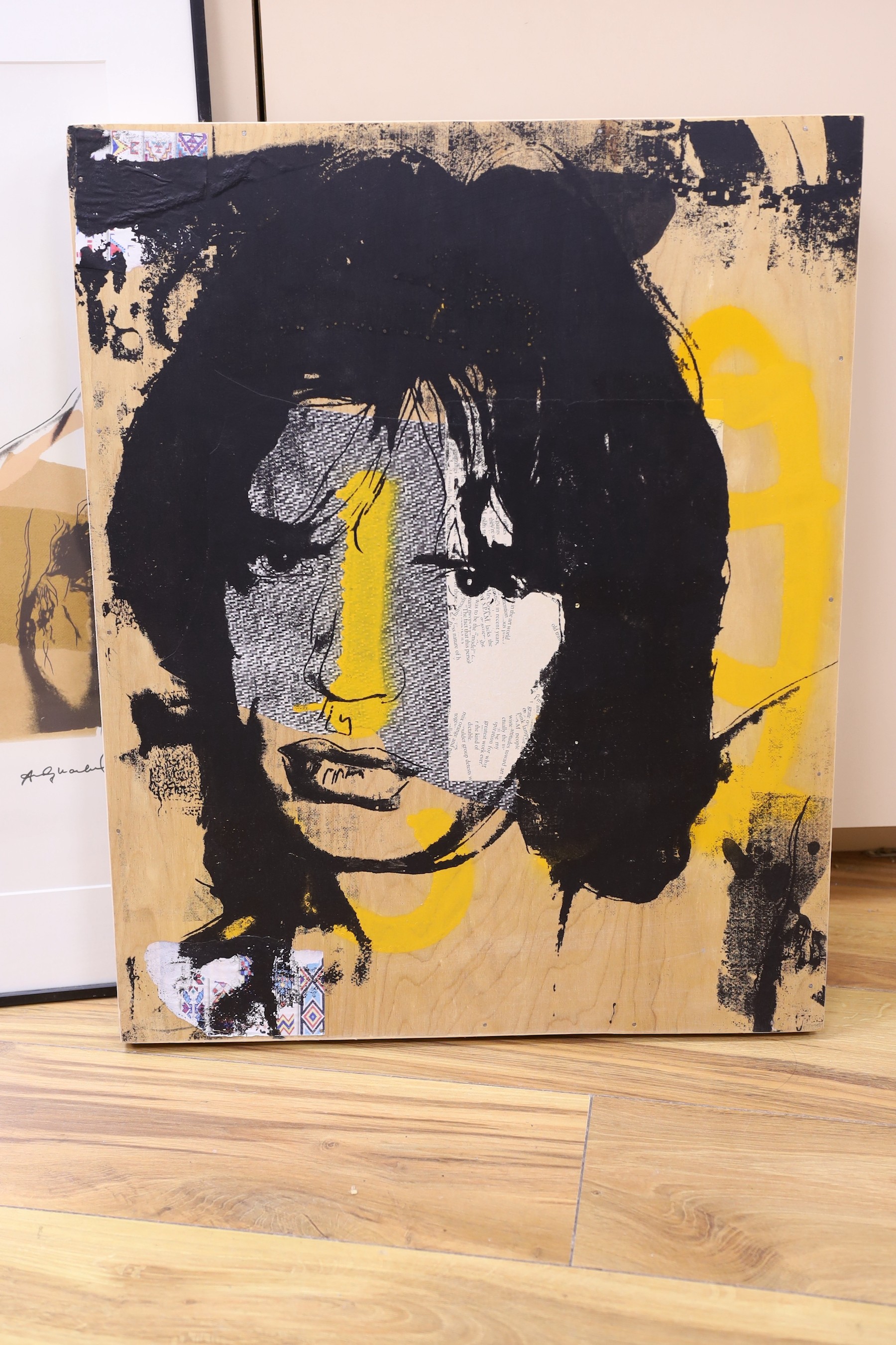 Andy Warhol, limited edition print, ‘’Mick Jagger 141’’, signed in the plate, 88/100, 55 x 38cm, and a mixed media panel depicting the same subject, 61 x 49cm, unframed